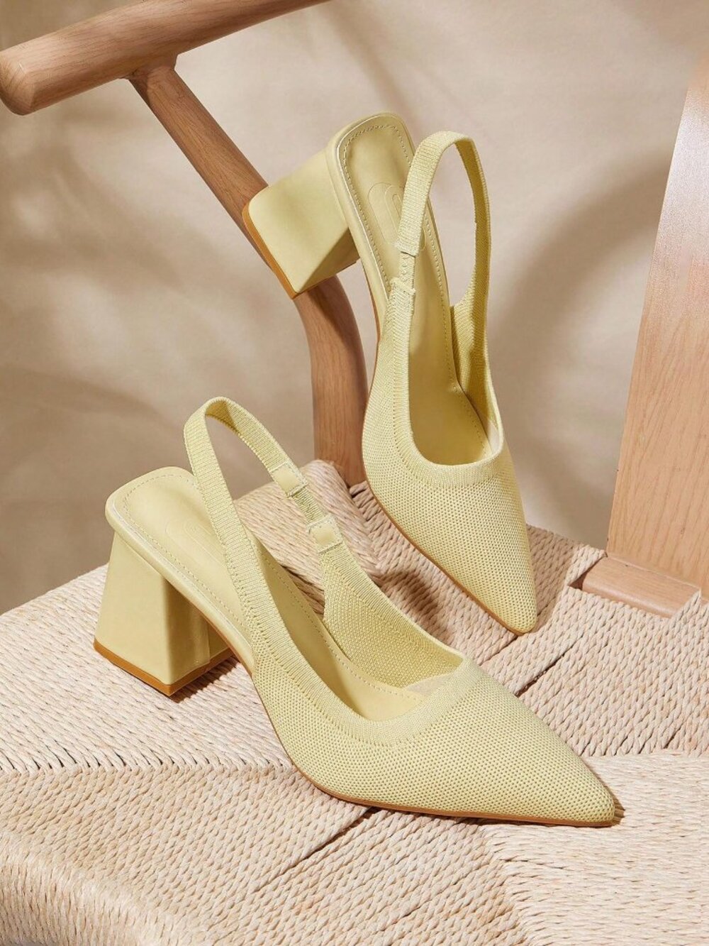 Yellow Business Casual Women's Chunky Heel Pointed Toe Slingback Shoes